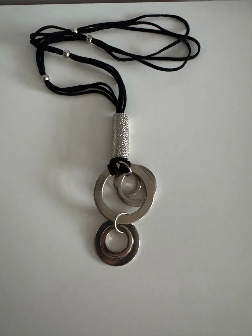 Modernist Silver Tone Geometric Pendant Necklace Circle Minimalist Suede Cord